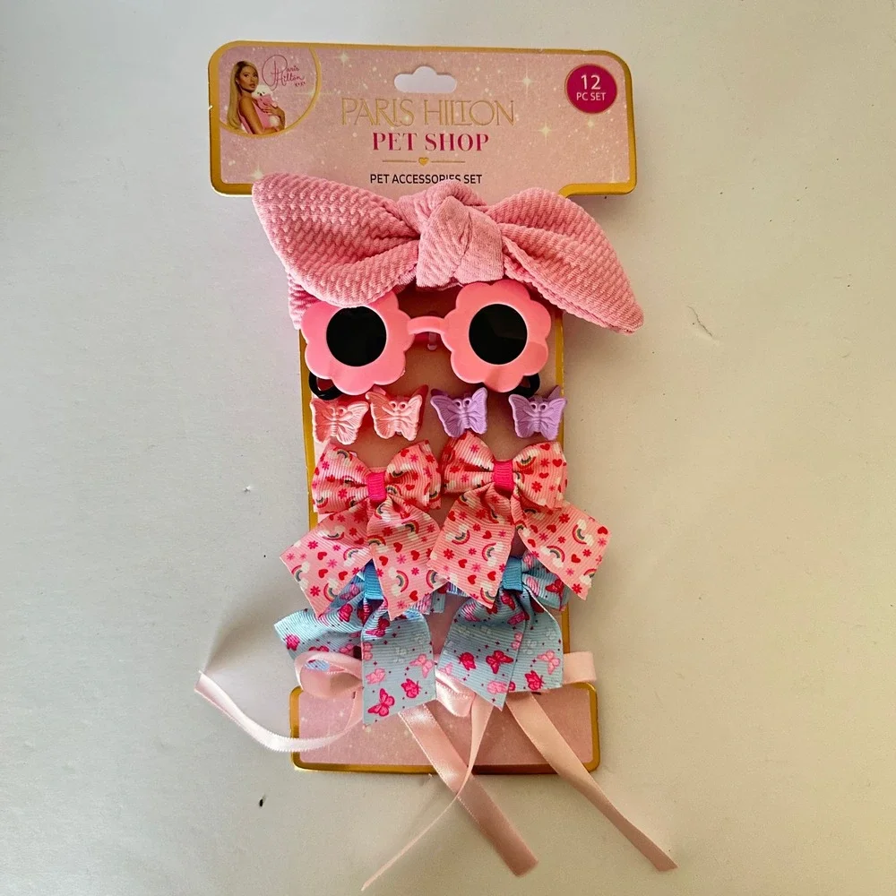 Paris Hilton Pet Shop Dog Accessories Set 12 PC Pink New Bows Sunglasses Clips